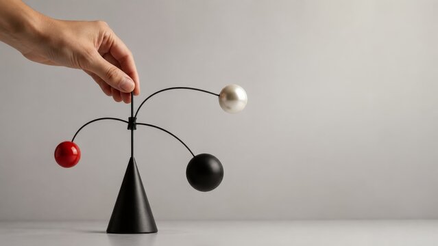 Creative Business Planning Solutions with Growth Strategy Focus Using a Balance Model Represented by a Hand Holding a Three-Arm Sculpture