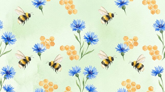 Summer watercolor botanical print with bees. Watercolor seamless pattern with bumblebees and flowers. Spring watercolor pattern with flying bees. Pastel watercolor botanical background