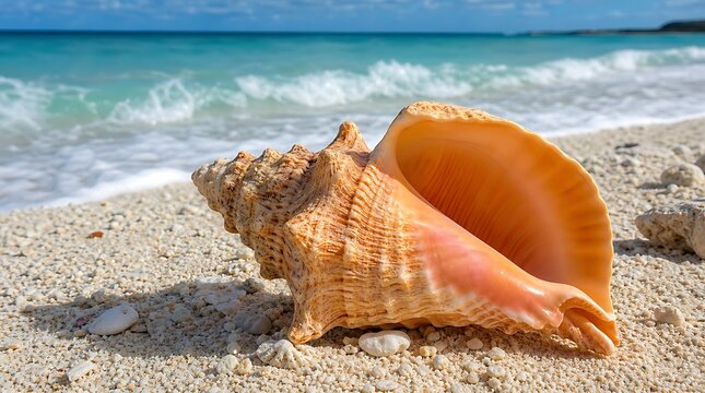 Large conch shell lying on sunlit coral sand beach with turquoise ocean waves background for tropical summer landscape concept