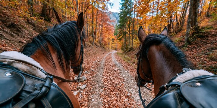 Two brown horses with saddles walking on a dirt path covered in fallen autumn leaves in a forest.