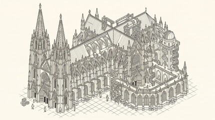 Obraz premium Vintage Pencil Sketch of Our Lady Church in the City, Historic European Architecture, Cathedral Landmark, Old Town Street and Travel Illustration