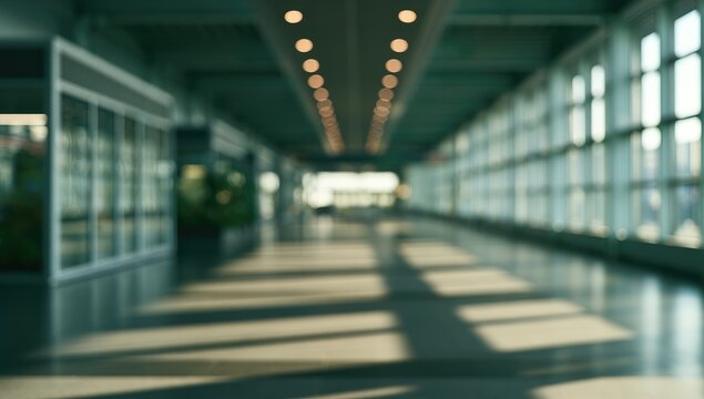 Blurred perspective of a modern airport terminal walkway with natural light.