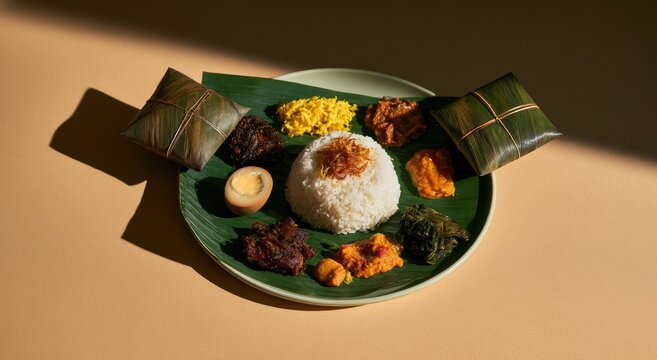 Authentic Indonesian Nasi Campur Served on Banana Leaf.