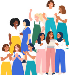Obraz premium Diverse group of women standing together, multicultural female community illustration, empowered women supporting each other vector