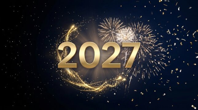 2027 year number with fireworks and green vine explosion