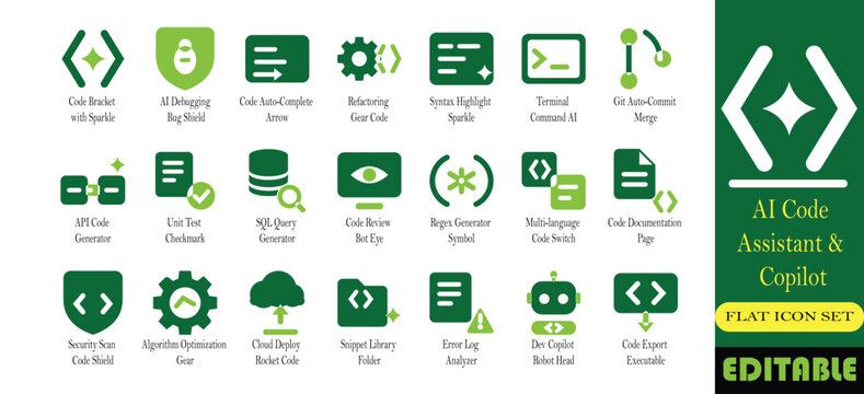 AI code assistant and copilot icon set. Debugging, refactoring, unit test and deployment solid glyph vector symbols