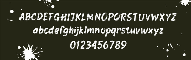 Naklejka premium Handwritten dry brush font alphabet with numbers and ink splatters. White textured script letters set for grunge poster, t-shirt print and music cover, vector illustration