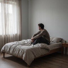 Fototapeta premium Sad Young Man Sitting Alone on Unmade Bed in Bedroom and Looking Out the Window