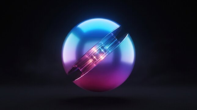 Futuristic glowing blue and purple metallic sphere object with sci fi, metallic