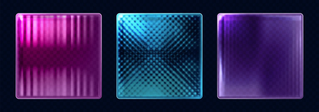 Holographic glass tiles with color gradient isolated on transparent background. Vector illustration of fractal square panels with realistic corrugated pattern and ribbed effect, light reflection