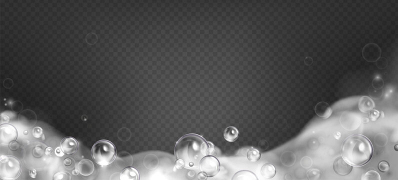Realistic frame with soap bubbles and foam on transparent background. Vector illustration of soapy border and bath steam texture, cleaning or laundry detergent, water splash with shampoo effect