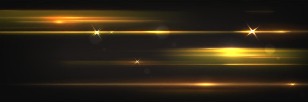 Yellow light beams streak across dark background. Vector realistic illustration of golden neon glow effects, bright horizontal lines, abstract speed motion for race sports or laser technology designs