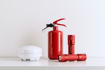 Obraz premium Fire safety equipment on a shelf in a well-lit indoor space during daytime