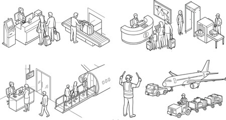 Fototapeta premium Isometric airport service line art vector set showing check in security boarding and baggage handling