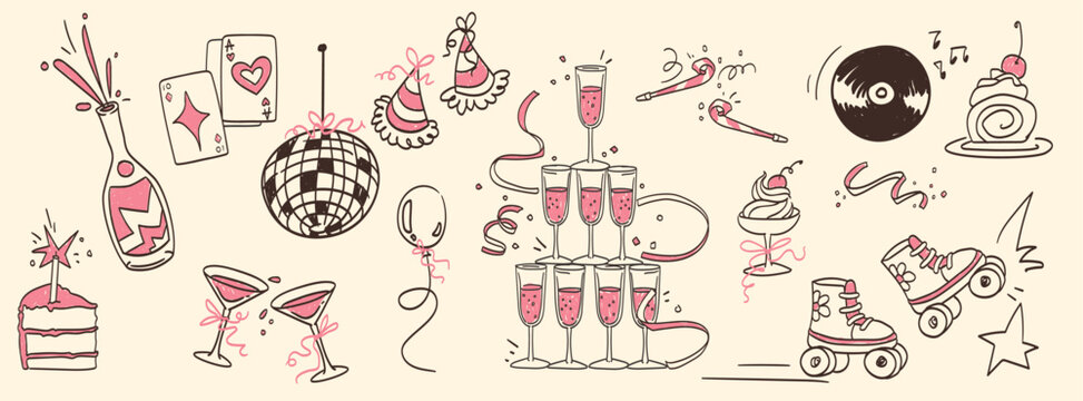 Whimsical disco ball and birthday party doodle set on white background. Vector illustration of pink hand drawn celebration elements, cake and champagne glasses, stars, vinyl records, air balloons