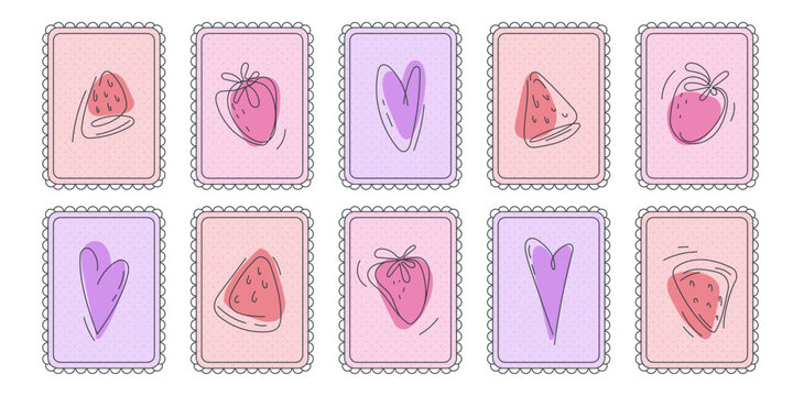 Patchwork patterns with coquette fruit and heart motifs. Vector illustration of abstract doodle strawberries, watermelon in pink and purple frames, cute summer textile, girly hand drawn design