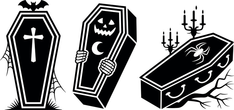 Spooky Halloween coffins black silhouette vector icons set with cross bat and spider