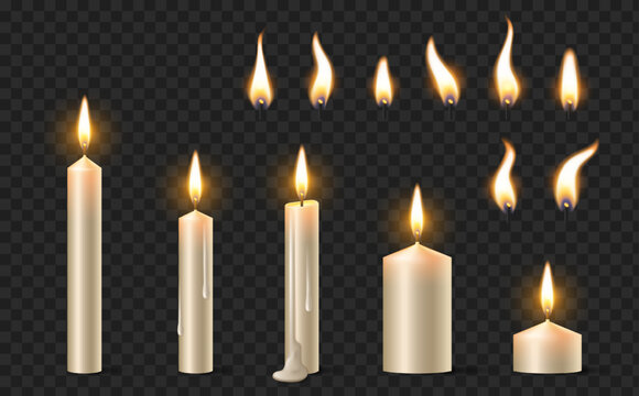 3d realistic set of melting burning candles isolated on transparent background. Vector illustration of lit candlelight with flame and melted wax drips. Memorial, church or Halloween decoration designs