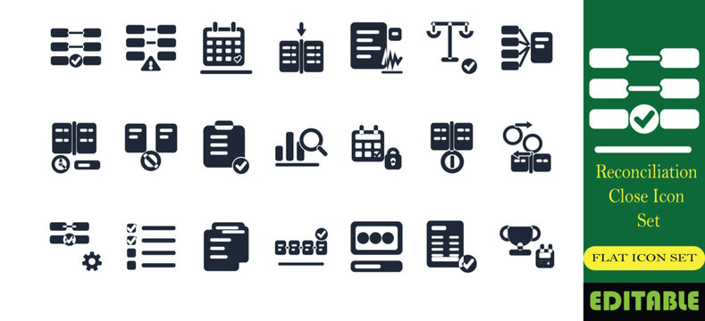 Account reconciliation and financial close icon set. Bank reconciliation, journal entry, trial balance and period lock solid glyph vector symbols