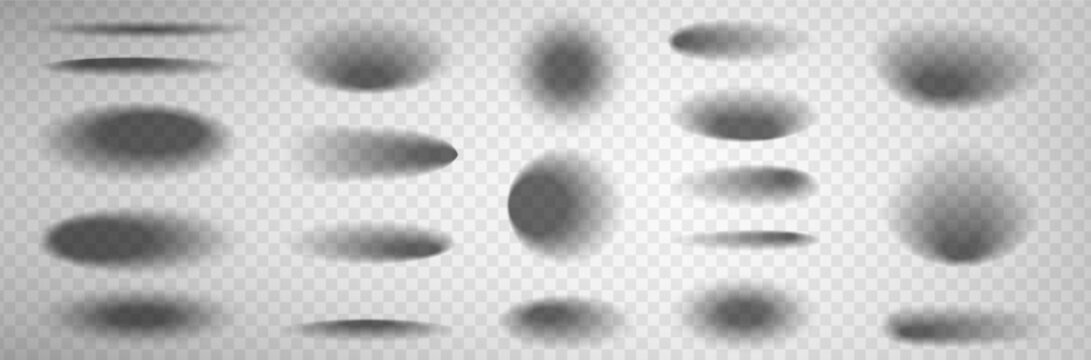 3d realistic shadow effects for round and oval objects isolated on transparent background. Vector illustration of drop shadows with soft edges, dark grey spots on flat surface