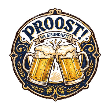 Proost German Beer Toast Badge with Clinking Mugs Element, Generative AI Oktoberfest PNG Clipart