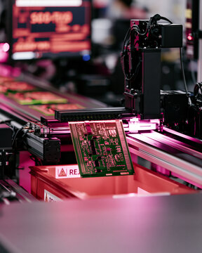 Optical Inspection Station Rejecting A Faulty Board