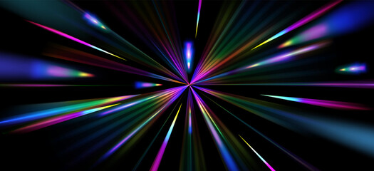 Fototapeta na wymiar Radiant light burst with rainbow spectrum rays exploding from center. 3d vector realistic illustration, colorful beams creating dynamic speed effect on black background, holographic abstract backdrop
