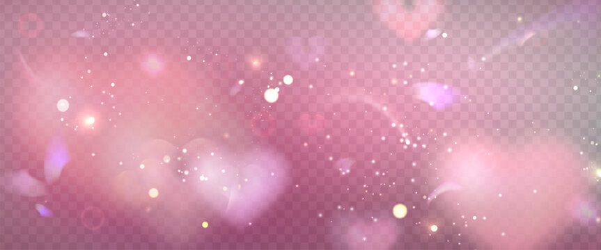 Pink heart and sparkle effects on transparent background. Vector realistic illustration of glowing light flares, dreamy bokeh overlay for romantic Valentine Day poster with shimmering hearts