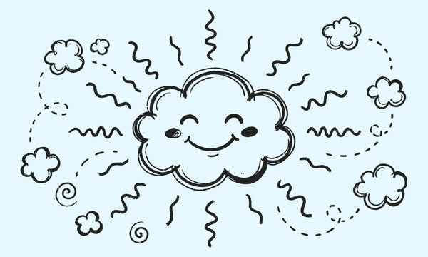 Cute smiling cloud character with hand drawn doodle rays and little clouds