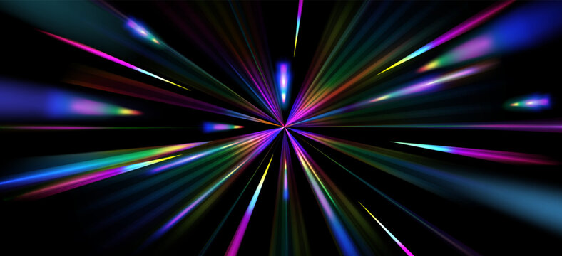 Radiant light burst with rainbow spectrum rays exploding from center. 3d vector realistic illustration, colorful beams creating dynamic speed effect on black background, holographic abstract backdrop