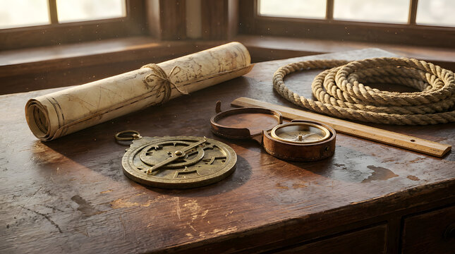 Antique maritime navigation tools including brass astrolabe compass and rolled scroll map on a weathered wooden captain desk