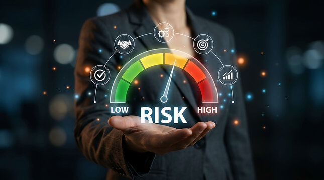 Businesswoman holding risk management meter gauge for business assessment concept
