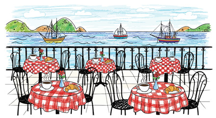 Naklejka premium Hand-drawn seaside cafe terrace vector, outdoor restaurant with red checkered tables, ocean view with sailing ships and hills