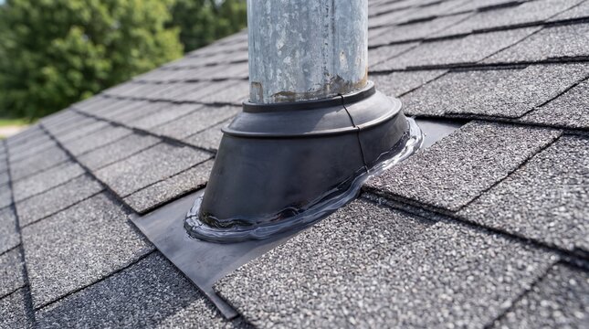 Roof vent pipe boot flashing installed on asphalt shingle roof for waterproofing.
