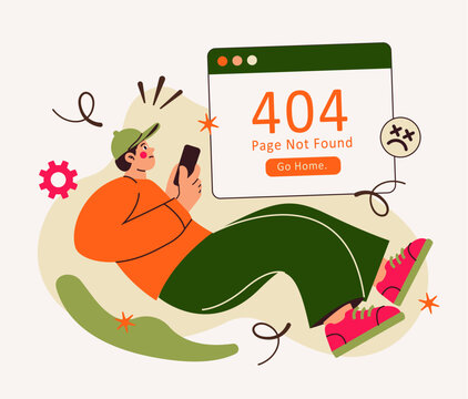 404 Page Not Found Illustration &mdash; Confused Man Using Smartphone Encountering Web Error, Go Home Button and Broken Internet Page Concept
