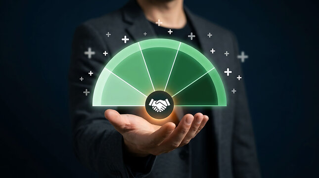 Business partnership satisfaction rating meter with handshake deal graphic