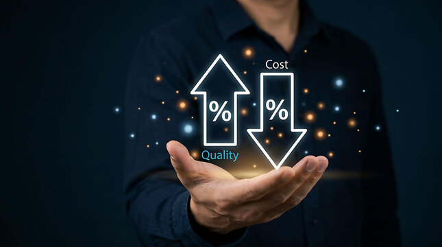 Businessman holding high quality and low cost efficiency balance concept arrows