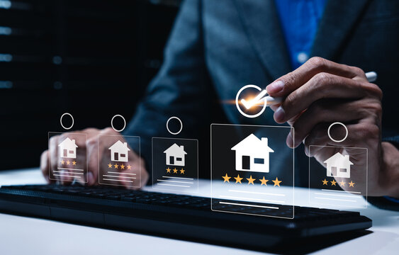 Property selection and real estate comparison decision concept. Person reviewing home listings with ratings, approval mark. property evaluation, buyer choice, listing comparison, online housing search