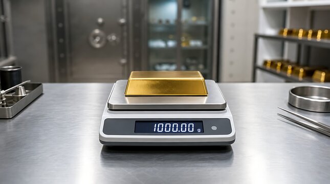 High precision digital scale measuring gold bar weight in bank vault for metal valuation concept