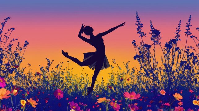 Ballerina silhouette performing a graceful dance pose in a lush field of colorful wildflowers against a vibrant sunset sky.