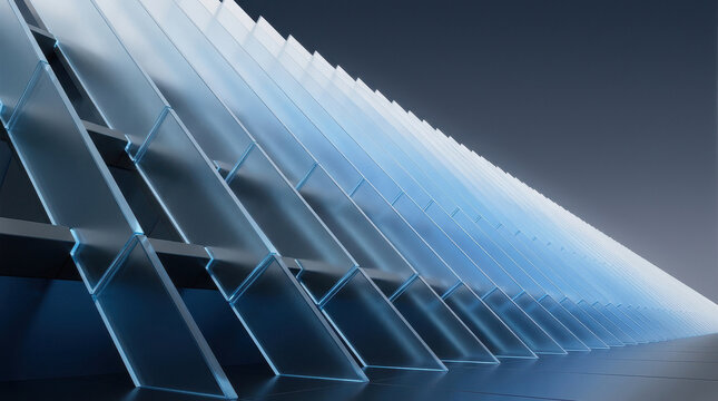 Abstract Angled Glass Fins with Upward Perspective and Blue Tones