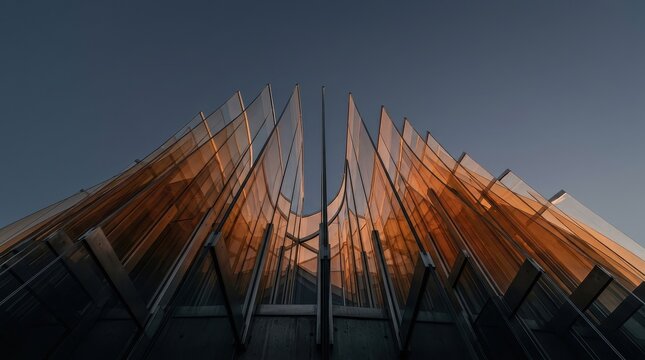 Abstract Curved Glass Fins of Modern Building Facade at Sunset