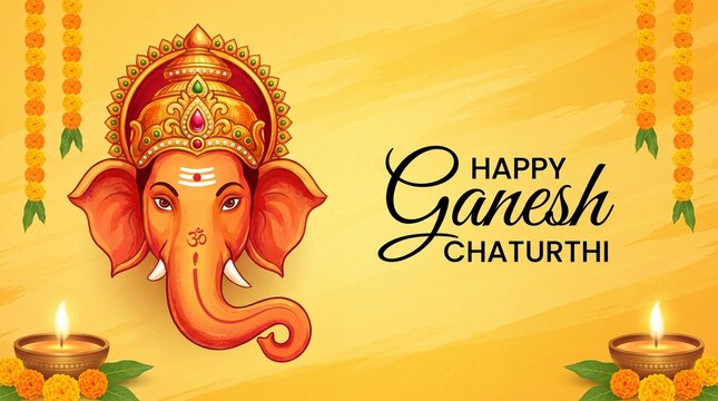 Illustration of lord ganesha with floral garlands and happy ganesh chaturthi text on yellow background