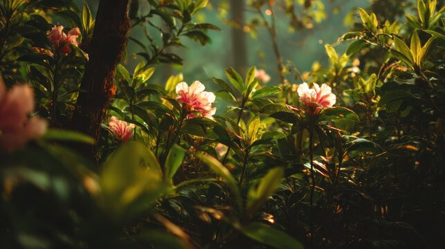 Moody garden flowers in golden backlight, pink and white blossoms with lush green foliage, dreamy nature background
