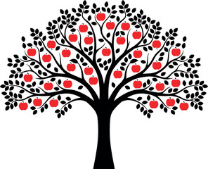 Fototapeta premium Apple tree silhouette with red fruit and black branches for orchard, farm and nature harvest logo design