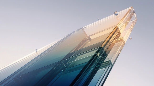 Dynamic Glass Structure with Diagonal Perspective and Golden Blue Hues