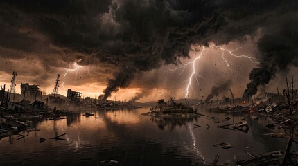 Fototapeta premium Dramatic storm clouds and lightning strike over a city skyline at dusk