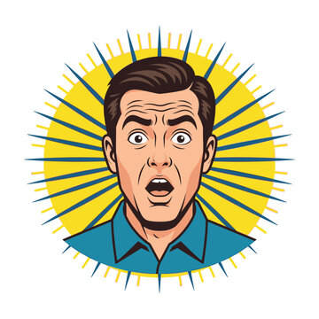 Surprised man with shocked expression and sunburst background