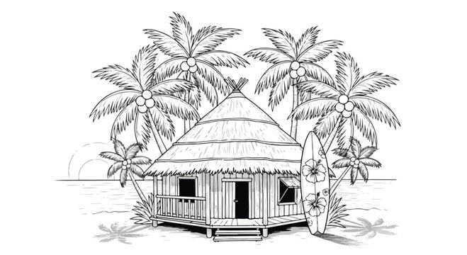 Tropical beach hut line art, hand drawn island bungalow with palm trees, coastal surf shack coloring page illustration