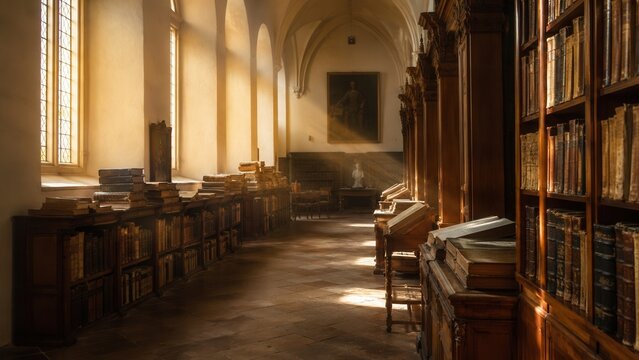 Historic monastery library with ancient books wooden shelves and warm sunlight creating peaceful atmosphere